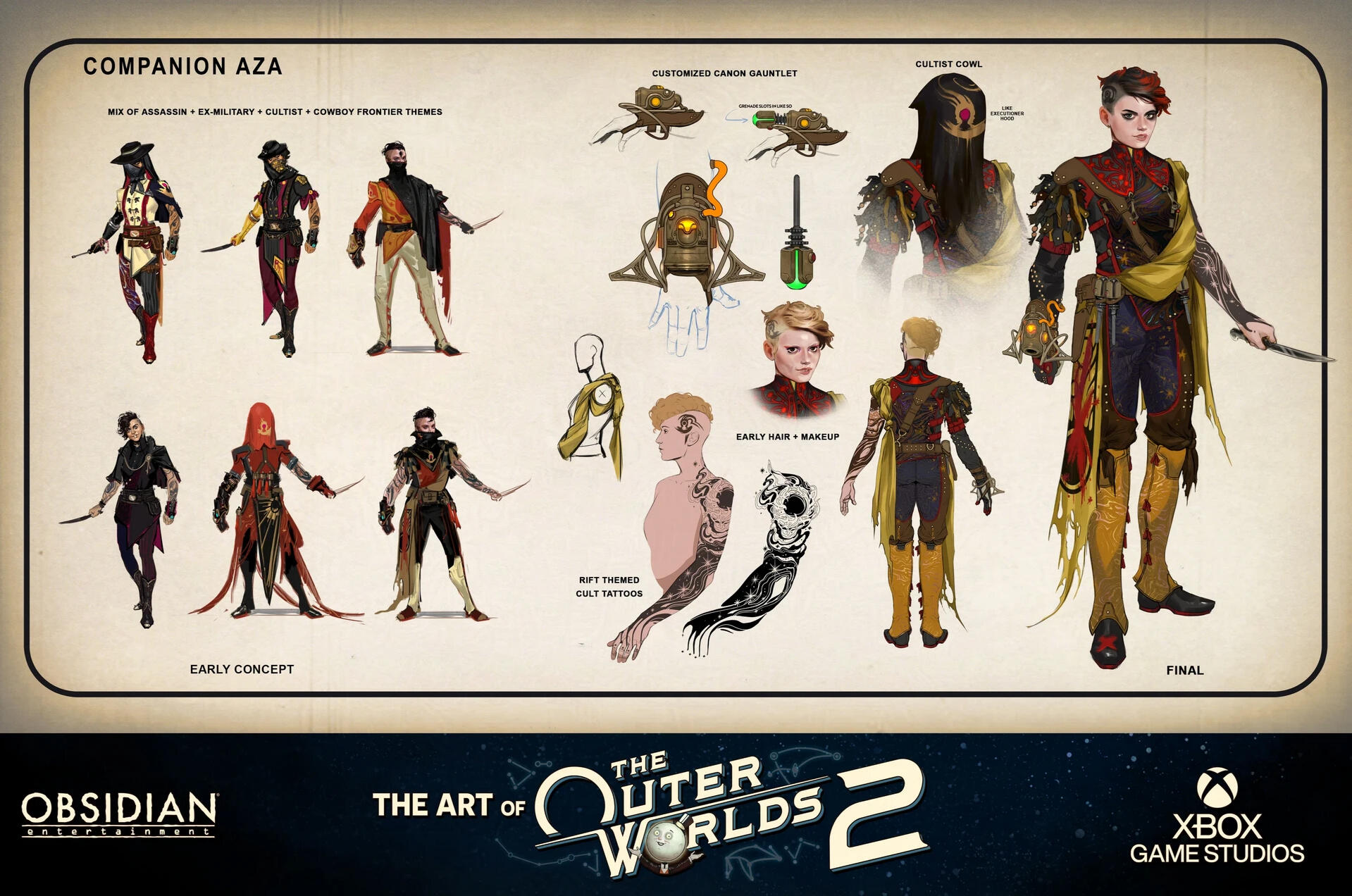 Companion concept work for the character Aza, she required a high level of delicate iteration and communication with Narrative and Design teams to make sure her story and gameplay reflected in her visuals.